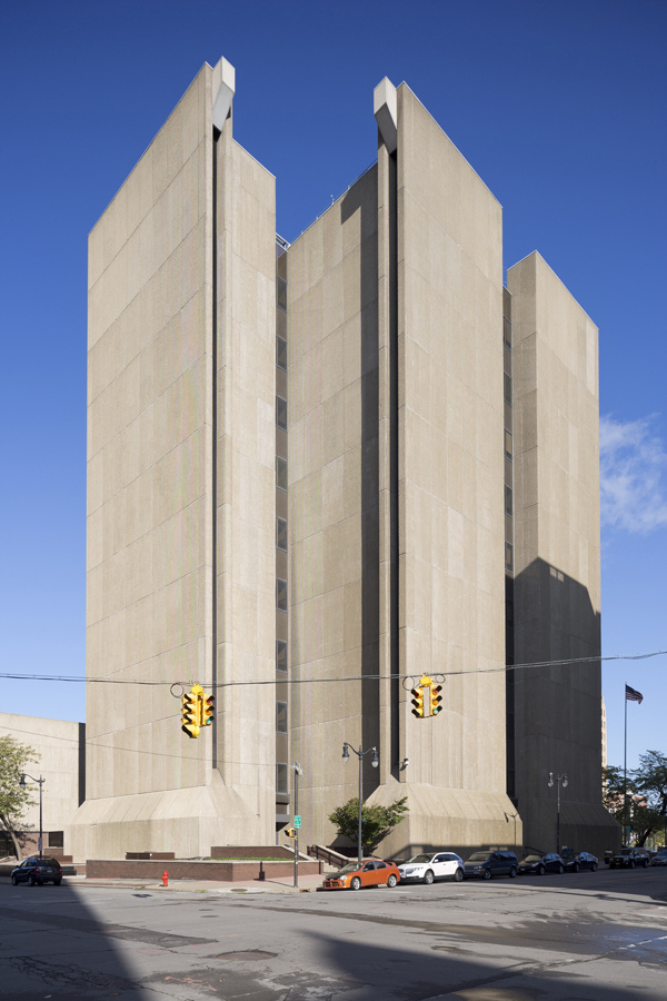 A brutalist concrete building